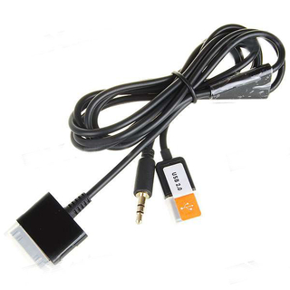 USB (30-pin dock) кабел 3в1 за iPod и iPhone (зарежда, синхронизира и аудио кабел 3.5 мм) (черен)