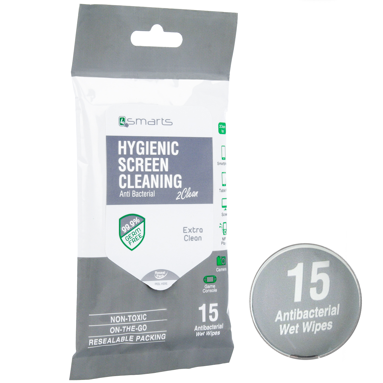 4smarts Anti Bacterial Screen Cleaning Wipes Extra Clean - 15 броя антибактериални кърпички за почистване на дисплей на смартфони, таблети, монитори и др.