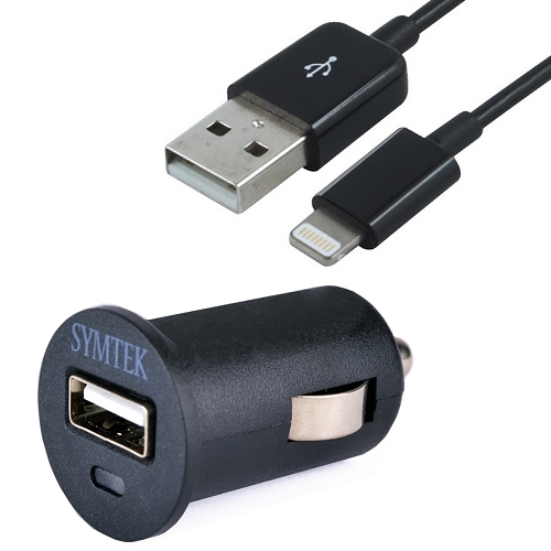 Symtek Car Charger 2.1A and MFI Lightning Cable - зарядно за кола 2.1A с USB изход и Lightning кабел за iPhone, iPad и iPod с Lightning порт (черен)
