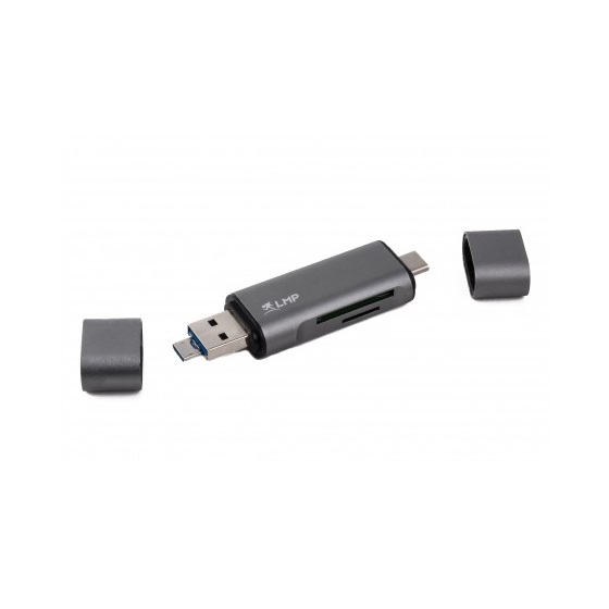 LMP USB-C, USB-A & microUSB Memory Card Reader - четец за карти памет за мобилни устройства (тъмносив)