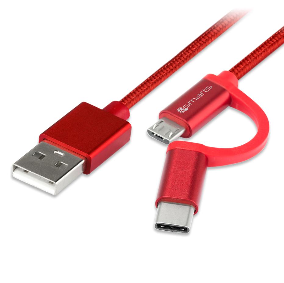 4smarts ComboCord MicroUSB + USB-C cable - плетен качествен кабел за microUSB и USB-C стандарти 100 см. (червен)