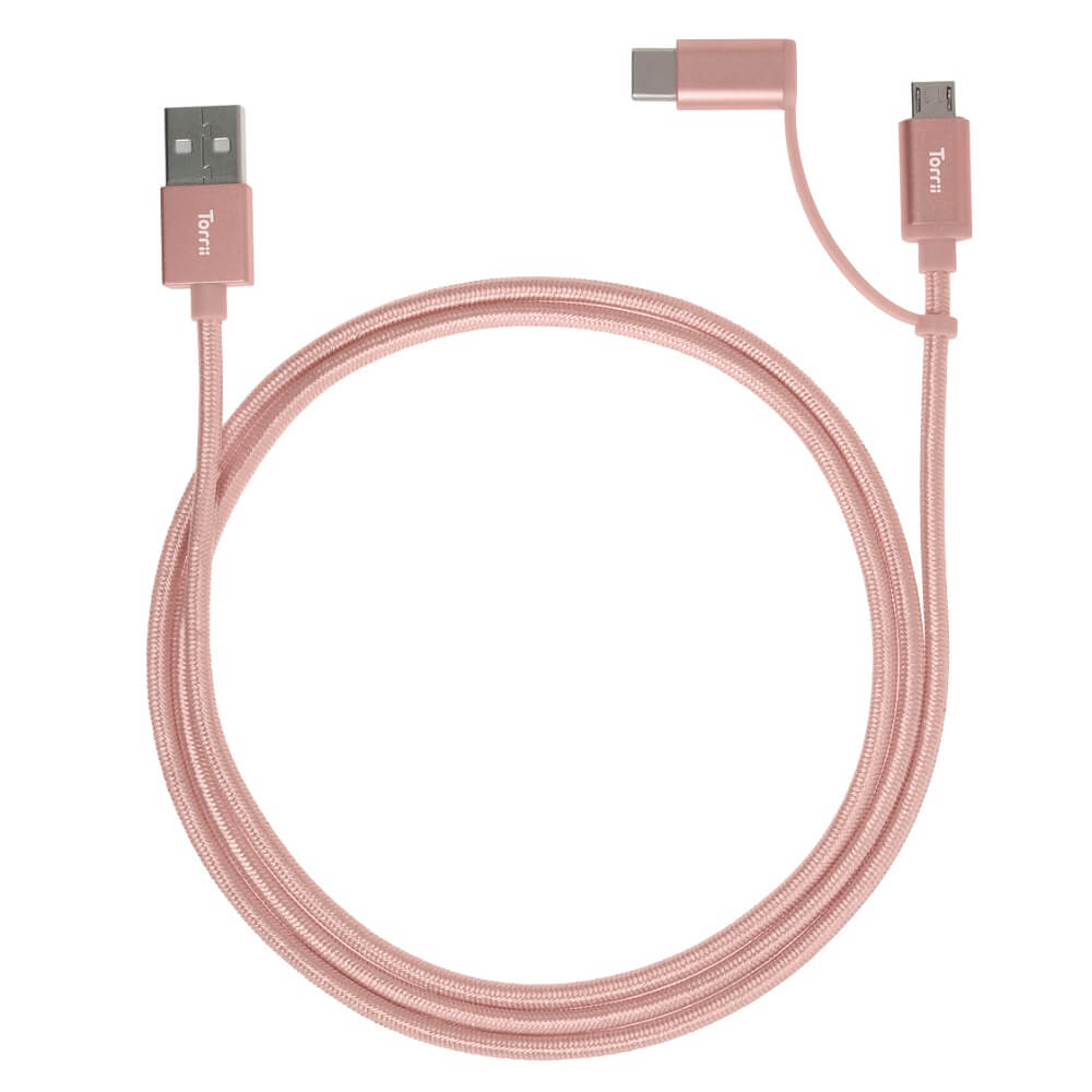 Torrii KeVable 2-in-1 Universal USB Cable (1 meter) - изключително здрав кевларен кабел за устройства с microUSB и USB-C (1 метър) (розово злато)