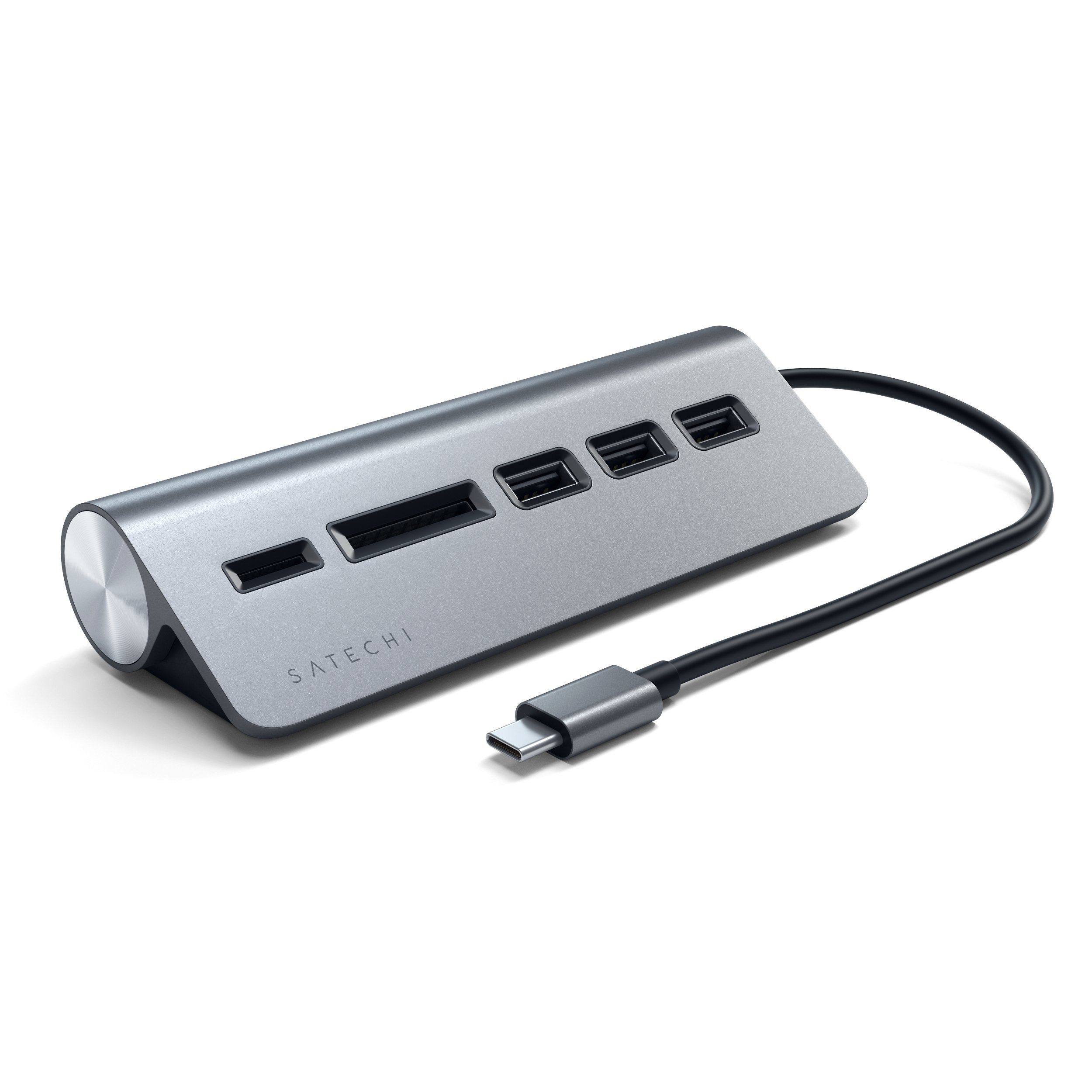 Satechi Aluminum USB-C 3.0 Hub & Card Reader - алуминиев 3-портов USB 3.0 хъб с четец за карти за компютри и лаптопи (тъмносив)