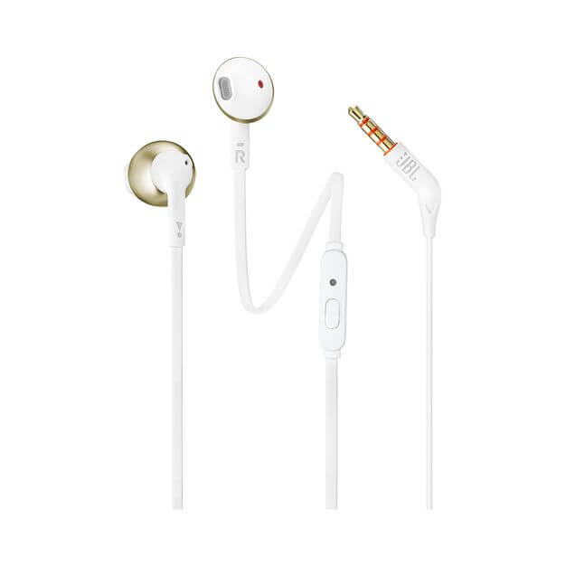 JBL T205 Earbud Headphones - слушалки с микрофон за мобилни устройства (бял-златист)
