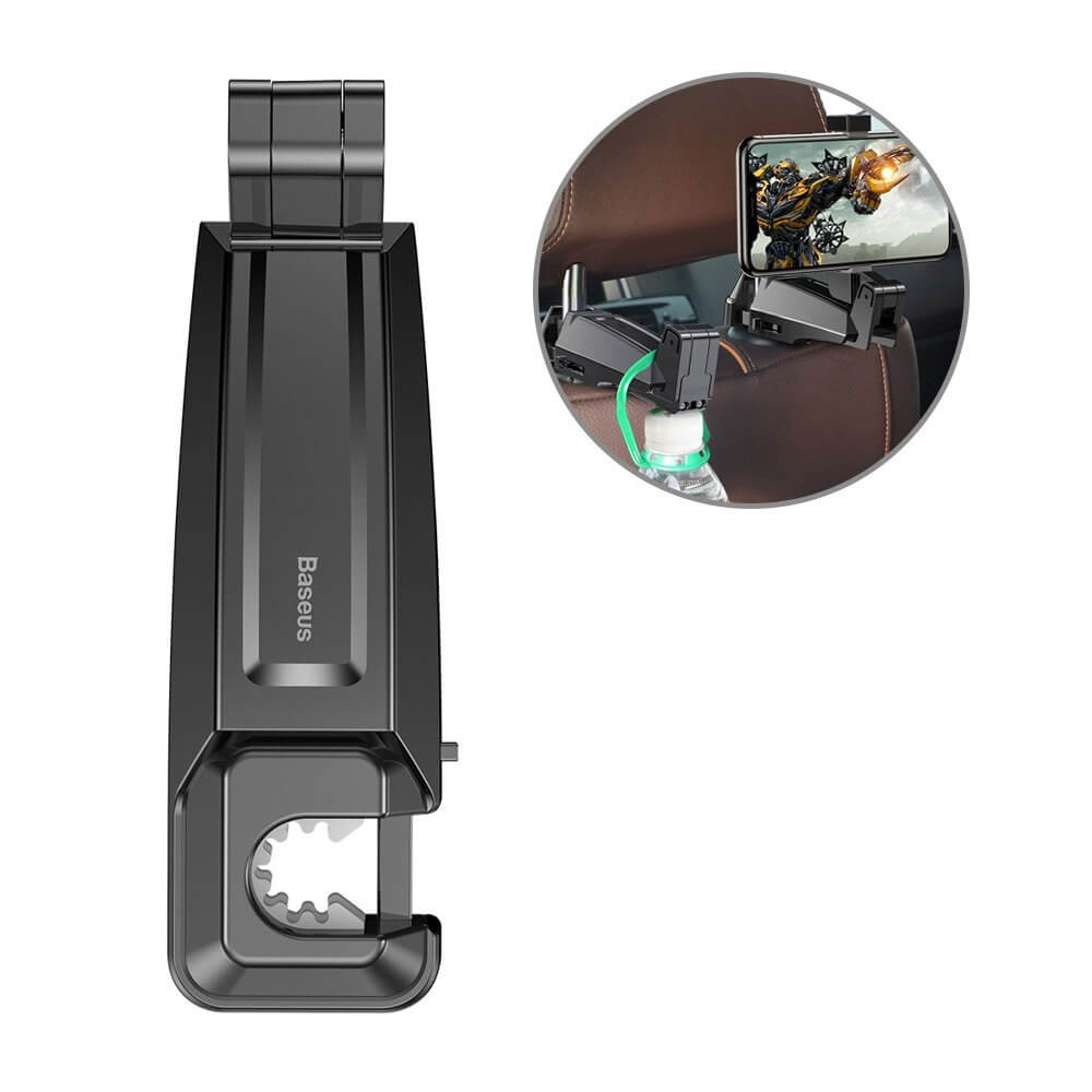 Baseus Backseat Vehicle Phone Holder Hook - 2 в 1 поставка за смартфон и закачалка за чанта за седалката на автомобил (черен)