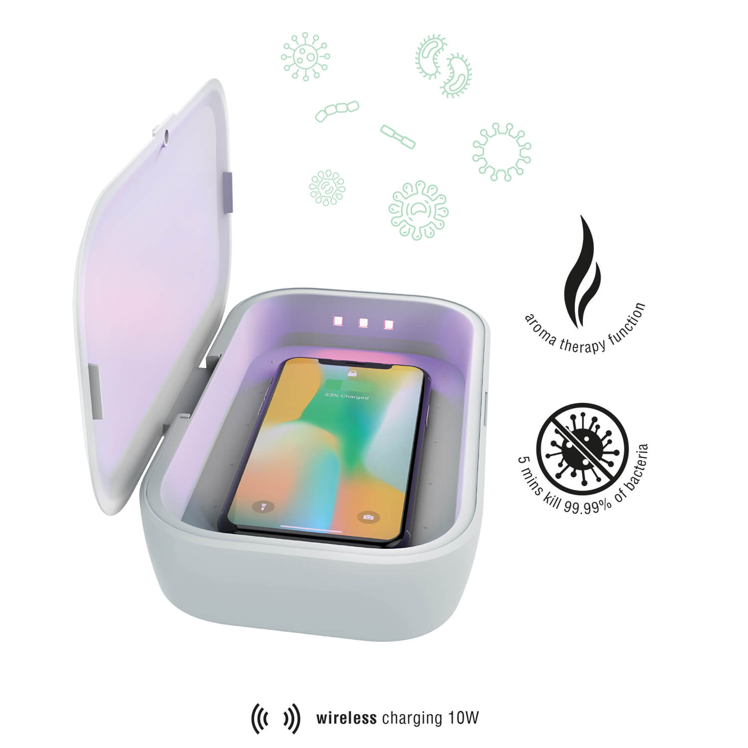 MyGuard UV-Box Sterilizer With Wireless Charger - поставка за безжично зареждане и UV стерилизатор за мобилни устройства до 6.7 инча (сив)