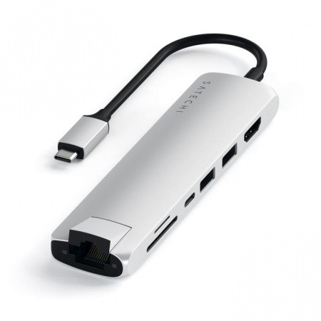 Satechi USB-C Aluminum Slim Multiport - мултифункционален хъб за свързване на допълнителна периферия за компютри с USB-C (сребрист)
