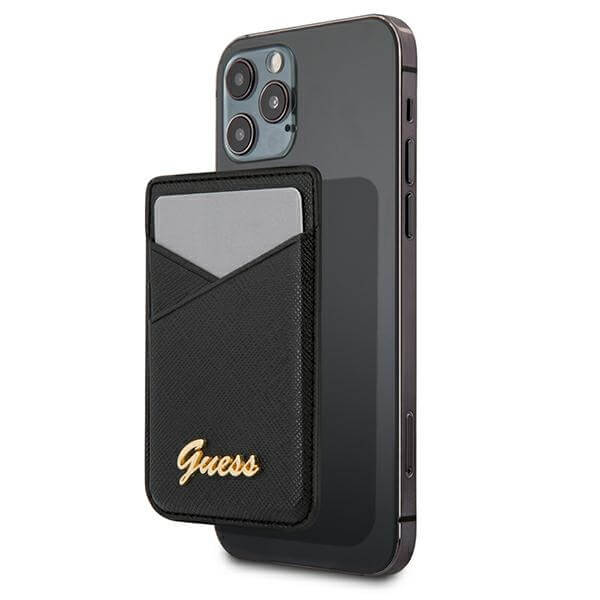 Guess Saffiano Magnetic Wallet - кожен портфейл (джоб) за прикрепяне към iPhone с MagSafe (черен)