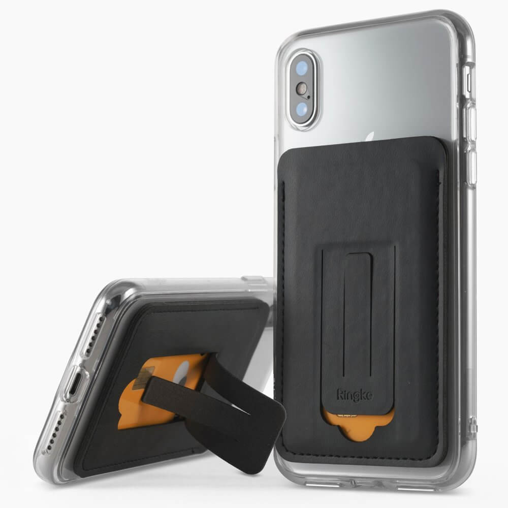 Ringke Wallet Mini Card Holder with Metal Plate and Stand Function - поставка с джоб за документи и карти, прикрепяща се към всяко мобилно устройство (черен)