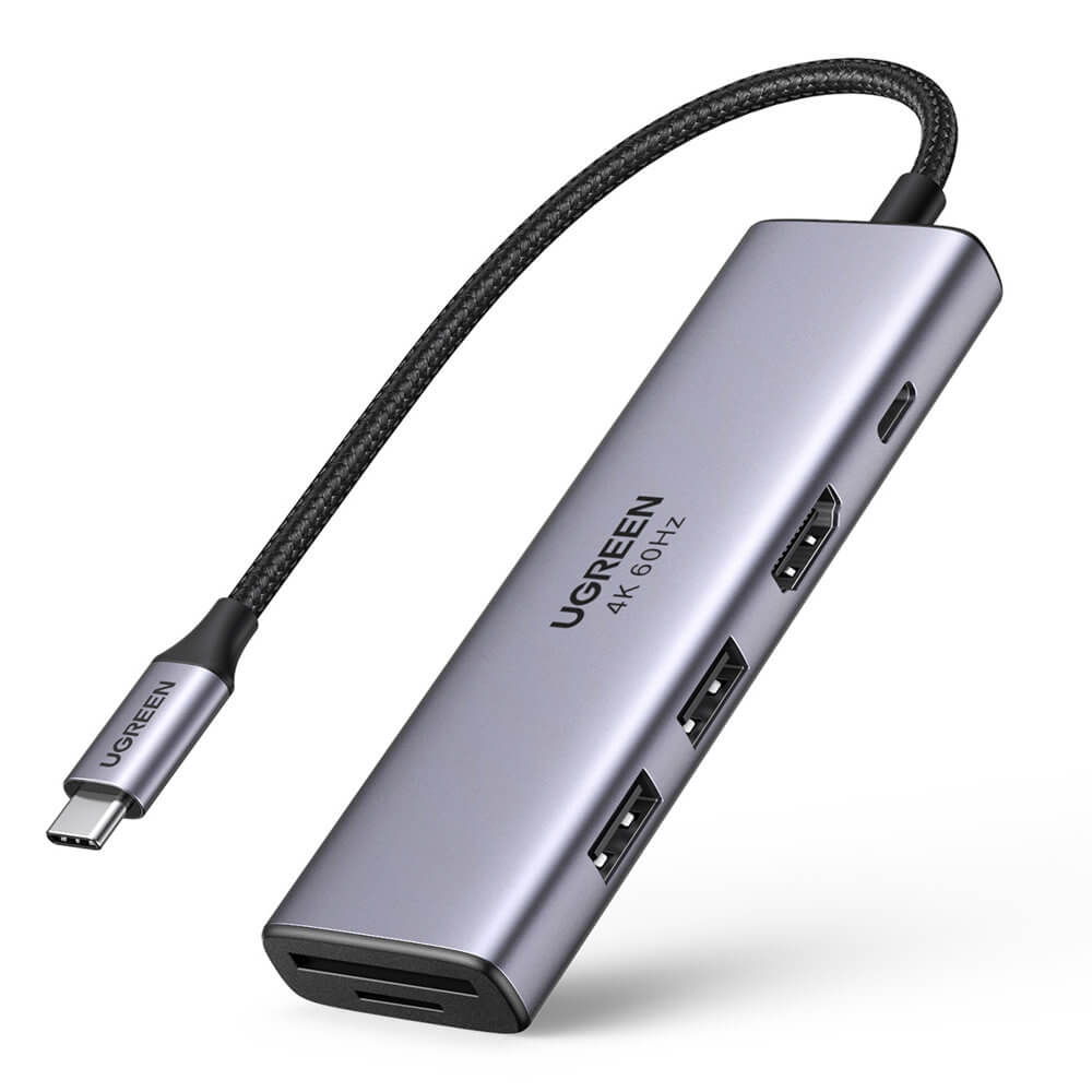 Ugreen 6-in-1 USB-C Hub 4K 60Hz - мултифункционален хъб за свързване на допълнителна периферия за устройства с USB-C (тъмносив)