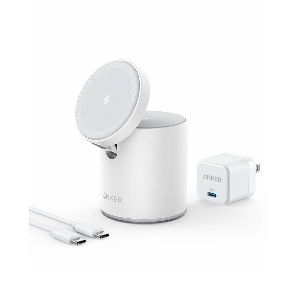 Anker MagGo 2-in-1 Magnetic Wireless Charging Stand - двойна поставка (пад) за безжично зареждане за iPhone с Magsafe и AirPods (бял)	