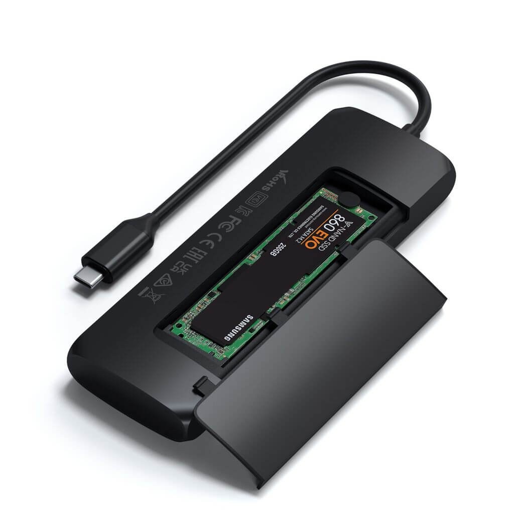 Satechi USB-C Hybrid Multiport Adapter - мултифункционален хъб за свързване на допълнителна периферия и SATA M.2 за компютри с USB-C порт (черен)