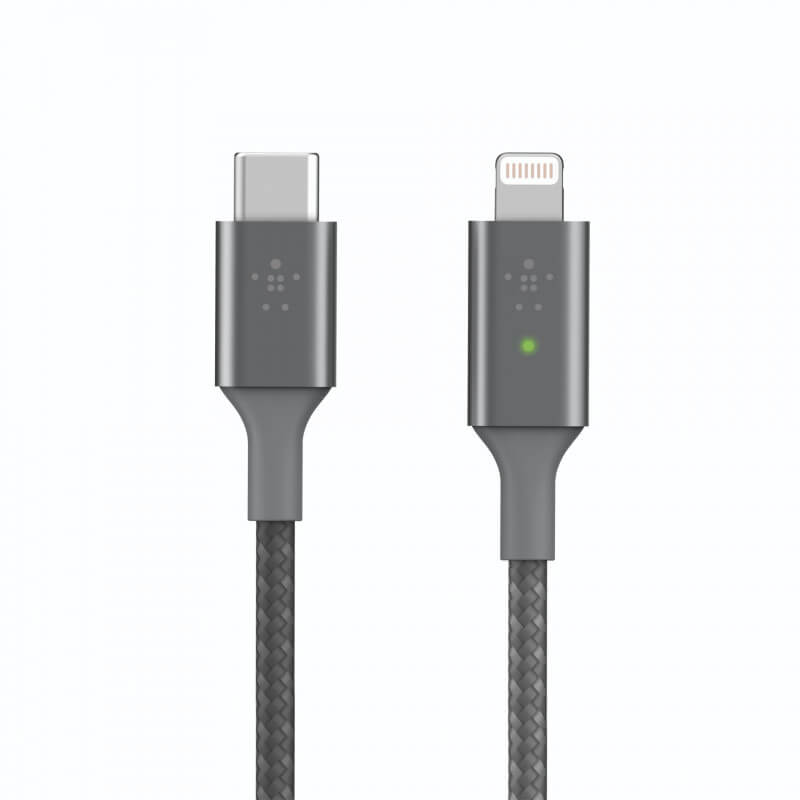 Belkin Boost Charge Smart LED USB-C to Lightning Cable - MFI сертифициран USB-C към Lightning кабел за Apple устройства с Lightning порт (120 см) (сив)