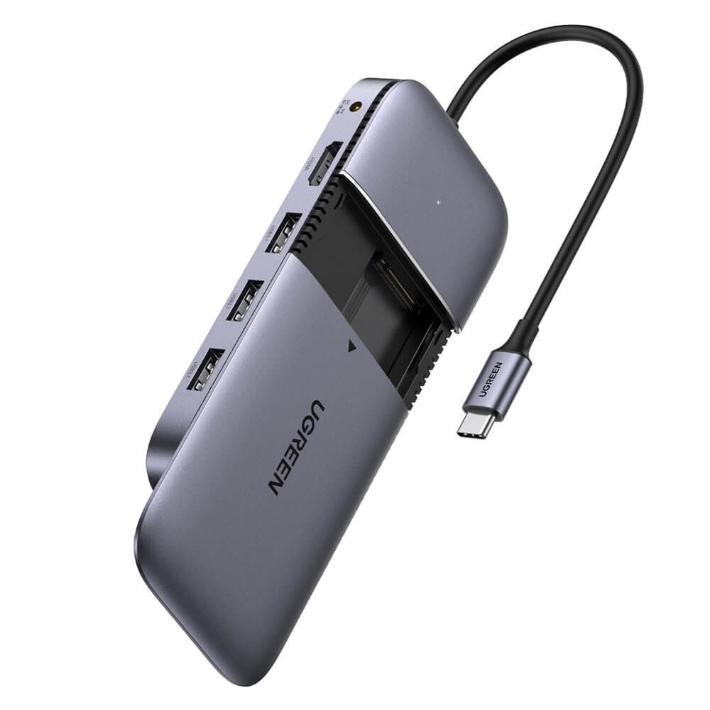 Ugreen 6-in-1 USB-C Hybrid Multiport Adapter - мултифункционален хъб за свързване на допълнителна периферия и SATA M.2 за компютри с USB-C порт (тъмносив)