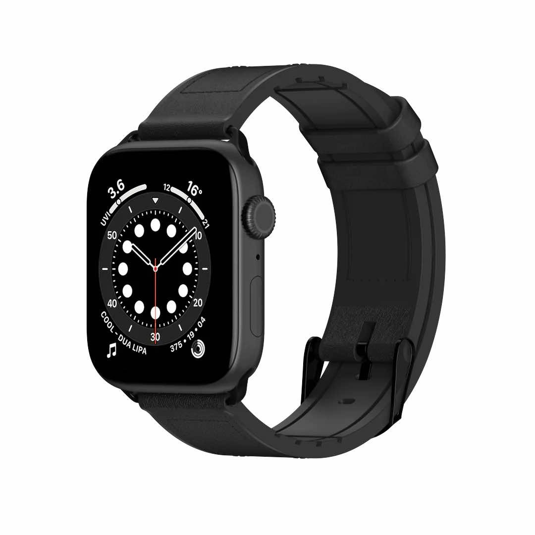 Obsidian Black Leather & Rubber Hybrid Apple Watch Band
