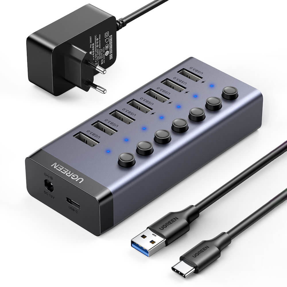 Ugreen 7 Port USB-A 3.0 Hub with Power Adapter - алуминиев 7-портов USB 3.0 хъб със захранване за компютри и лаптопи (черен)