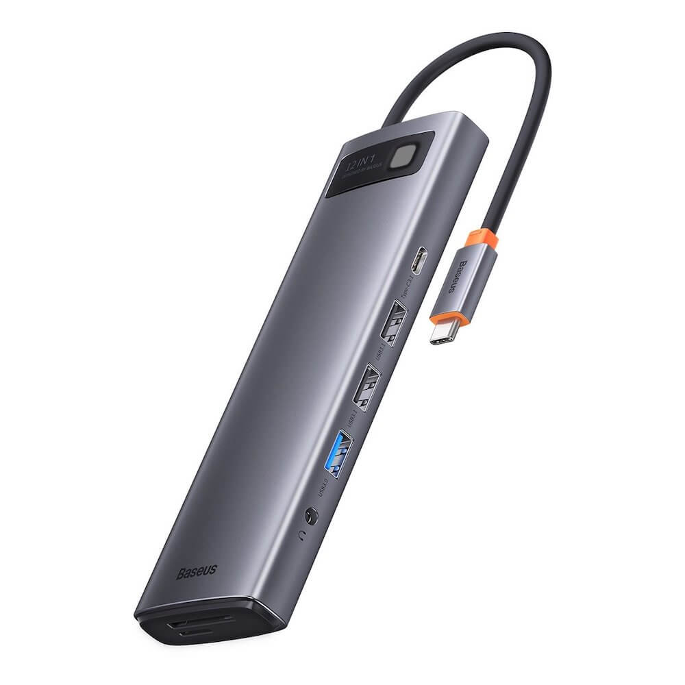 Baseus USB-C 8K Metal Gleam Series 12-in-1 Hub (WKWG020213) - мултифункционален хъб за свързване на допълнителна периферия за устройства с USB-C (тъмносив)