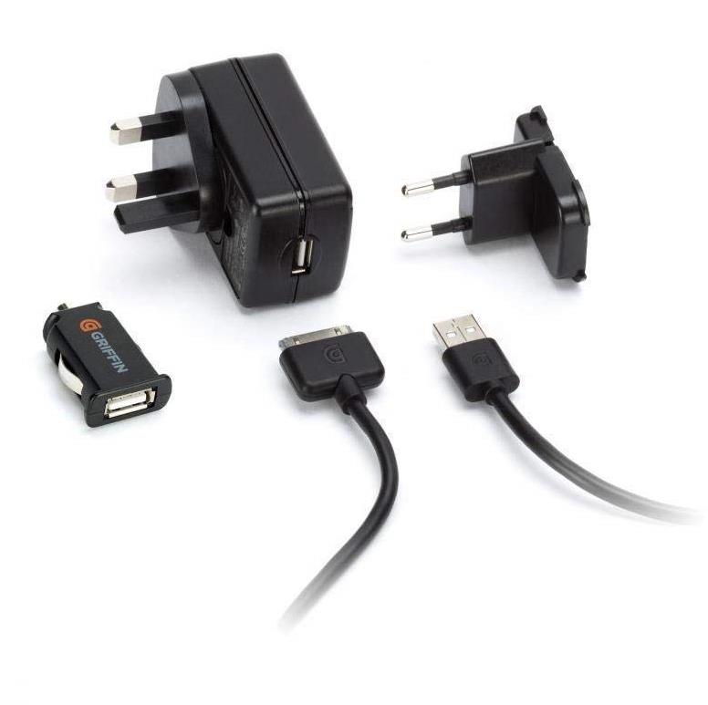 Griffin PowerDuo - комплект захранване за ел. мрежа 2.1А, зарядно за кола 2.1А и кабел за iPad, iPhone и iPod с Dock конектор