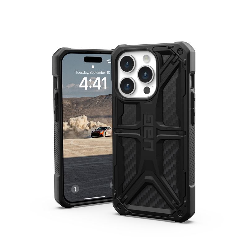 Urban Armor Gear Monarch Case - удароустойчив хибриден кейс за iPhone 15 Pro (черен-карбон)