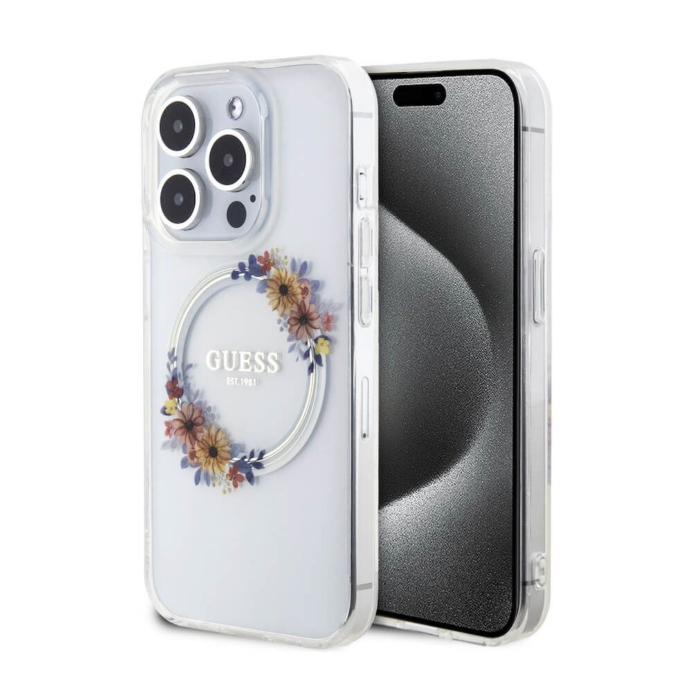 Guess Flowers Ring Glossy Logo MagSafe Case for iPhone 15 Pro (clear),  Transparent Price —