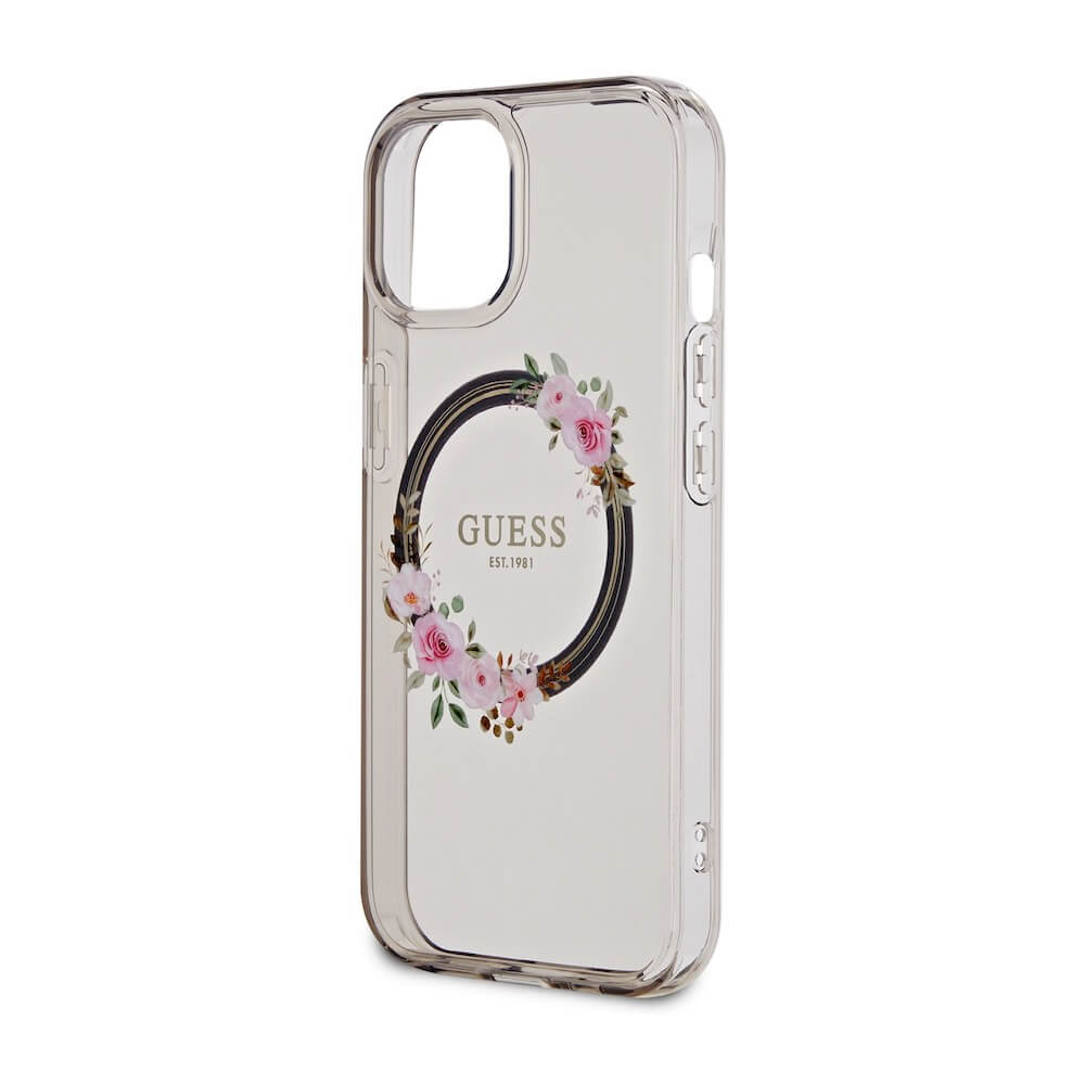 Guess Flowers Ring Glossy Logo MagSafe Case for iPhone 15 (black-clear)  Price —