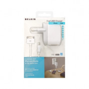 Belkin Dual 220V заряднo с два USB изхода + комплект кабели за iPhone и iPod 5