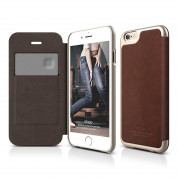 Elago S6 Leather Flip Case Limited Edition - луксозен кожен кейс от естествена кожа + HD покритие за iPhone 6, iPhone 6S (кафяв-златист)