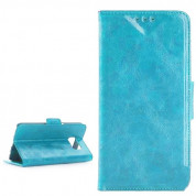 Wallet Flip Case - кожен калъф, тип портфейл и поставка за Samsung Galaxy S6 Edge Plus (син)