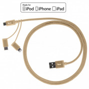 Torrii KeVable 3-in-1 Universal USB Cable (1 meter) - изключително здрав кевларен кабел за iPhone, iPad, iPod с Lightning, устройства с microUSB и USB-C (1 метър) (златист)