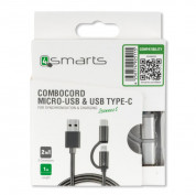 4smarts ComboCord MicroUSB + USB-C Metal Cable - качествен кабел с оплетка от неръждаема стомана за microUSB и USB-C стандарти 100 см. (сребрист) 3