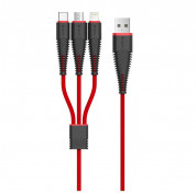 Devia FishBone 3 in 1 Cable - универсален качествен кабел с Lightning, MicroUSB и USB-C конектори (червен-черен)