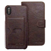 Prodigee Wallegee Case - кожен калъф, тип портфейл с отделящ се кейс и поставка за iPhone XS, iPhone X (кафяв)