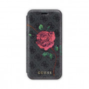 Guess Flower Desire Book Case - дизайнерски кожен калъф, тип портфейл за iPhone XS, iPhone X (сив)