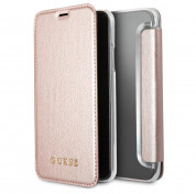 Guess Iridescent Book Case - дизайнерски кожен калъф, тип портфейл за iPhone XS, iPhone X (розово злато)