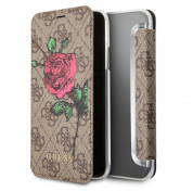 Guess Flower Desire Book Case - дизайнерски кожен калъф, тип портфейл за iPhone XS, iPhone X (кафяв)