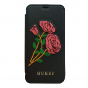 Guess Flower Desire Book Case - дизайнерски кожен калъф, тип портфейл за iPhone XS, iPhone X (черен)