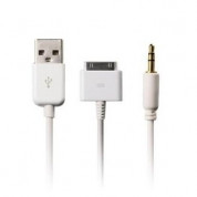 USB кабел 3в1 за iPod и iPhone (зарежда, синхронизира и аудио кабел 3.5 мм) (бял)