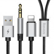 Baseus USB to Lightning + 3.5 mm Cable - USB кабел за зареждане и аудио за устройства с Lightning порт (черен)