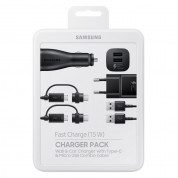 Samsung Charger Pack EP-U3100 - комплект зарядно за кола, захранване и кабел с microUSB и USB-C конектори (черен) 