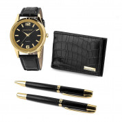 Eduardo Verde Watch + Pen + Note Set - луксозен комплект часовник, 2 броя писалки и белeжник (черен-златист)