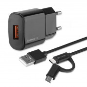 4smarts Fast Wall Charger VoltPlug QC3.0 18W with ComboCord Cable - комплект захранване за ел. мрежа и качествен кабел с оплетка от здрав текстил за microUSB и USB-C стандарти (черен)