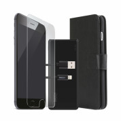 Skech Bundle Pack - комплект кожен калъф, стъклено защитно покритие, външна батерия и Lightning USB кабел за iPhone 7, iPhone 8, iPhone SE (2020), iPhone SE (2022) (черен)