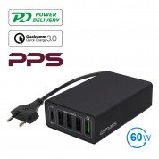 4smarts Mains Charging Station VoltPlug PPS Power Delivery & QC3.0 60W with 4xUSB and USB-C outputs (black)