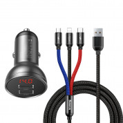 Baseus Digital Display Dual USB Car Charger 24W (TZCCBX-0G) - зарядно за кола с 2xUSB-A изхода и 3-в-1 кабел с microUSB, USB-C и Lightning конектори (черен)