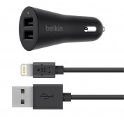 Belkin Boost Up Dual USB-A Car Charger & USB Lightning Cable - зарядно за кола с 2xUSB изходa (4.8A) и Lightning кабел за iPhone, iPad и iPod с Lightning порт (черен) 