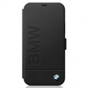 BMW Signature Logo Booktype Leather Case - дизайнерски кожен калъф (естествена кожа), тип портфейл за iPhone 12, iPhone 12 Pro (черен) 1