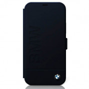 BMW Signature Logo Booktype Leather Case - дизайнерски кожен калъф (естествена кожа), тип портфейл за iPhone 12, iPhone 12 Pro (тъмносин) 1