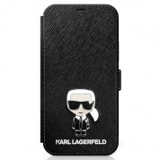 Karl Lagerfeld Saffiano Ikonik Booktype Leather Case - дизайнерски кожен калъф, тип портфейл за iPhone 12, iPhone 12 Pro (черен)
