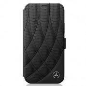 Mercedes-Benz Bow Line Booktype Leather Case - дизайнерски кожен калъф (естествена кожа), тип портфейл за iPhone 12, iPhone 12 Pro (черен) 1