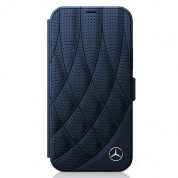 Mercedes-Benz Bow Line Booktype Leather Case - дизайнерски кожен калъф (естествена кожа), тип портфейл за iPhone 12, iPhone 12 Pro (тъмносин) 1